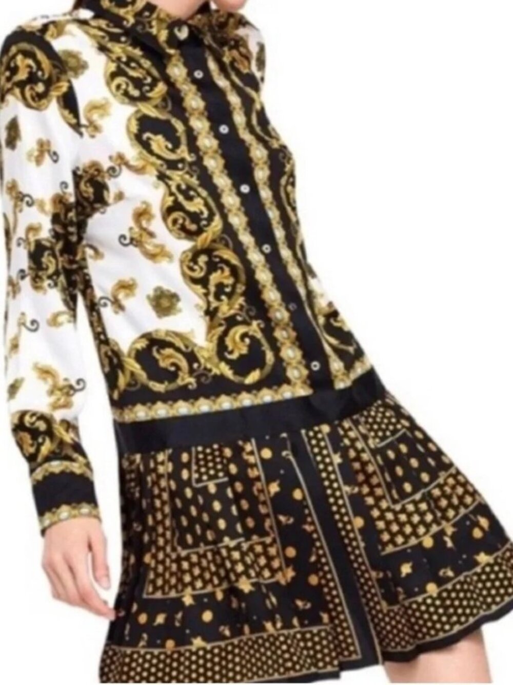 ZARA Black, White and Gold Baroque Print Shirt Dress